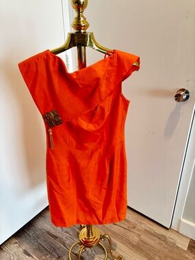 One-Shoulder Orange Cocktail Dress with Gold Tassel Accent